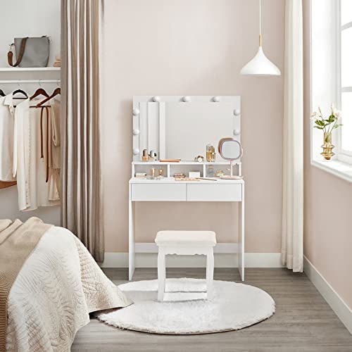 Dressing Table - Make -up Tabel - Tabel cosmetice - cu 9 lămpi LED - cu oglindă - 2 sertare și 3 compartimente deschise - Modern - Alb