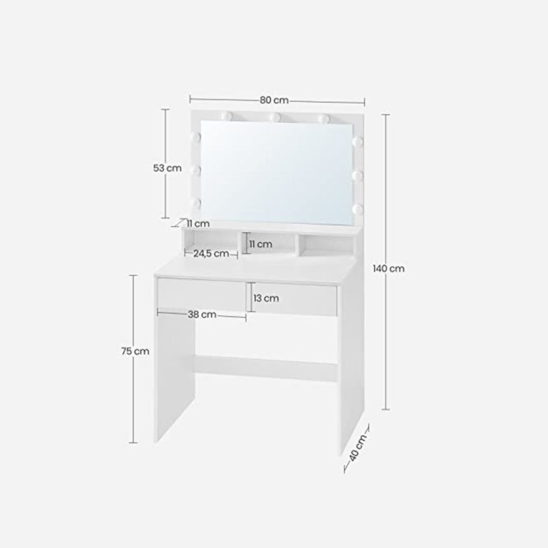 Dressing Table - Make -Up Table - Cosmetics Table - Med 9 LED -lamper - med spejl - 2 skuffer og 3 åbne rum - Moderne - Hvid