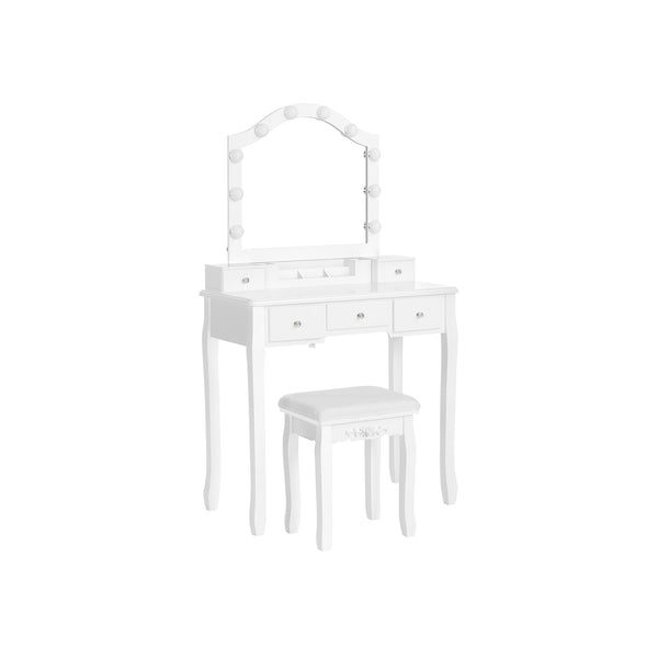 Toalettbord - sminkbord - 2 stora lådor - med spegel och belysning - med avföring - vit