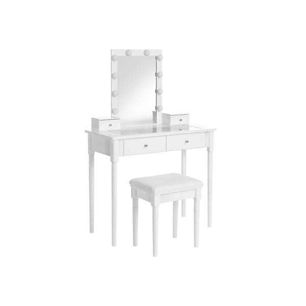 Påklædningsbord - Makeup -bord - 2 store skuffer - med spejl og belysning - med afføring - Hvid
