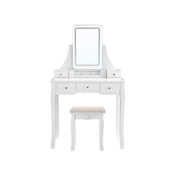 Dressing Table - cu iluminare cu LED - Masă de machiaj - cu oglindă și 5 sertare - alb