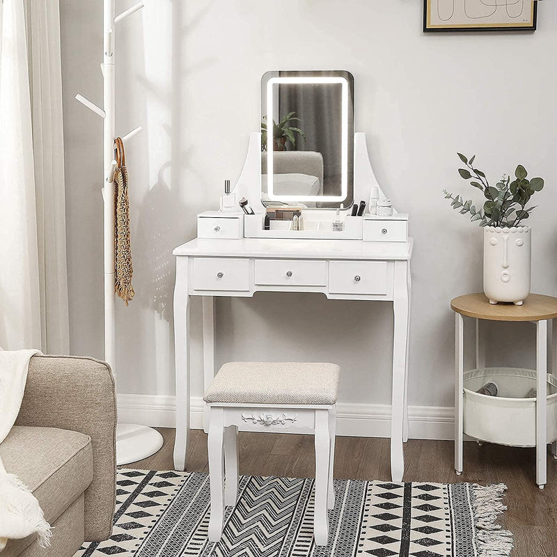 Table de coiffure - avec éclairage LED - table de maquillage - avec miroir et 5 tiroirs - blanc