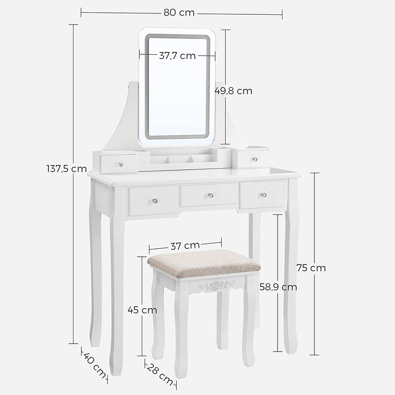 Kaptafel - met LED-verlichting - Make up tafel - Met spiegel en 5 laden - Wit