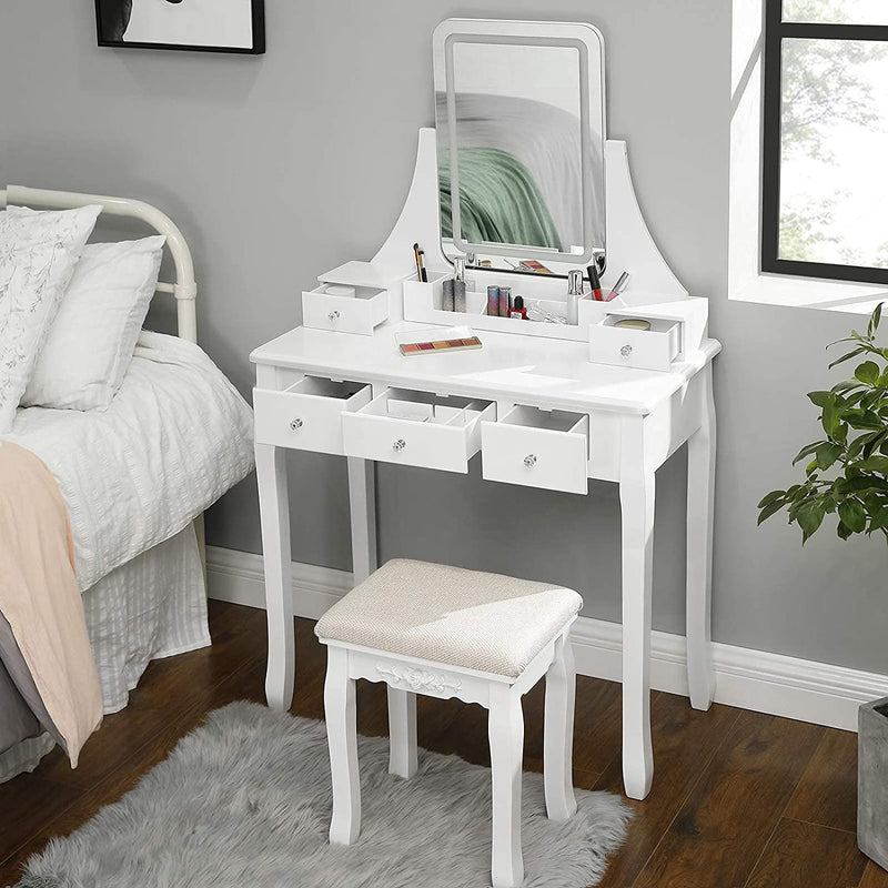 Table de coiffure - avec éclairage LED - table de maquillage - avec miroir et 5 tiroirs - blanc