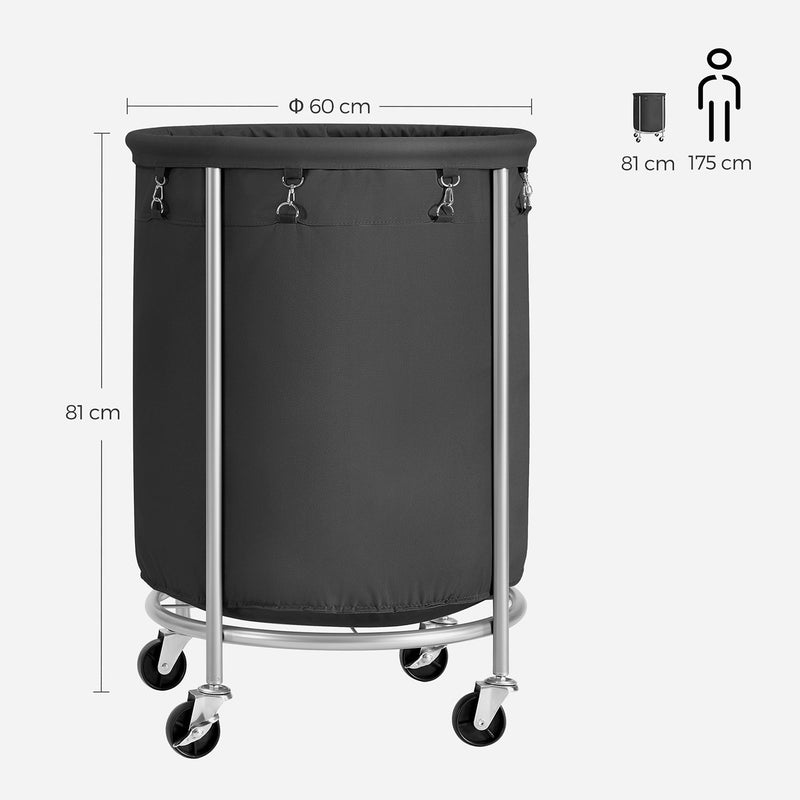 Coș de rufe - coș - cu roți - 170 litri - rotund - cadru de oțel - montare de rufe detașabilă - negru