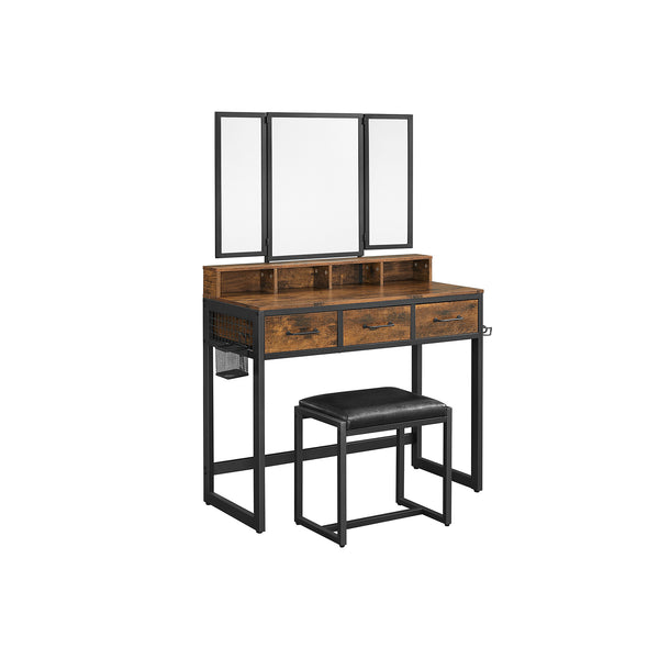 Make -UP -pöytä - Pöytäpöytä - Kosmeettinen pöytä - 3 laatikkoa - peilillä ja jakkaralla - ruskea musta