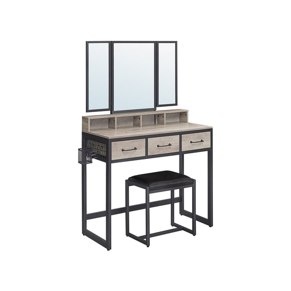 Databord - Make -Up -tabel - Med 3 -stykket spejl - 3 skuffer - med afføring - Grå sort