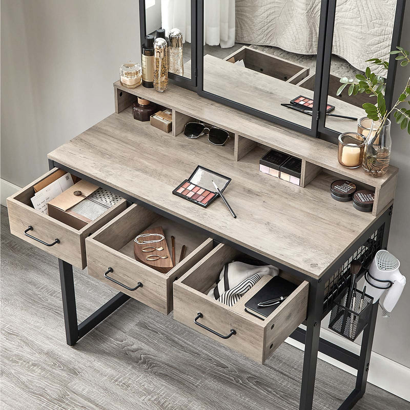 Kaptafel - Make-up tafel - Met 3-delige spiegel - 3 lades - Met kruk - Grijs zwart