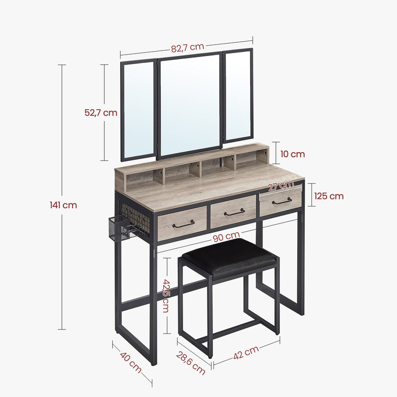 Kaptafel - Make-up tafel - Met 3-delige spiegel - 3 lades - Met kruk - Grijs zwart