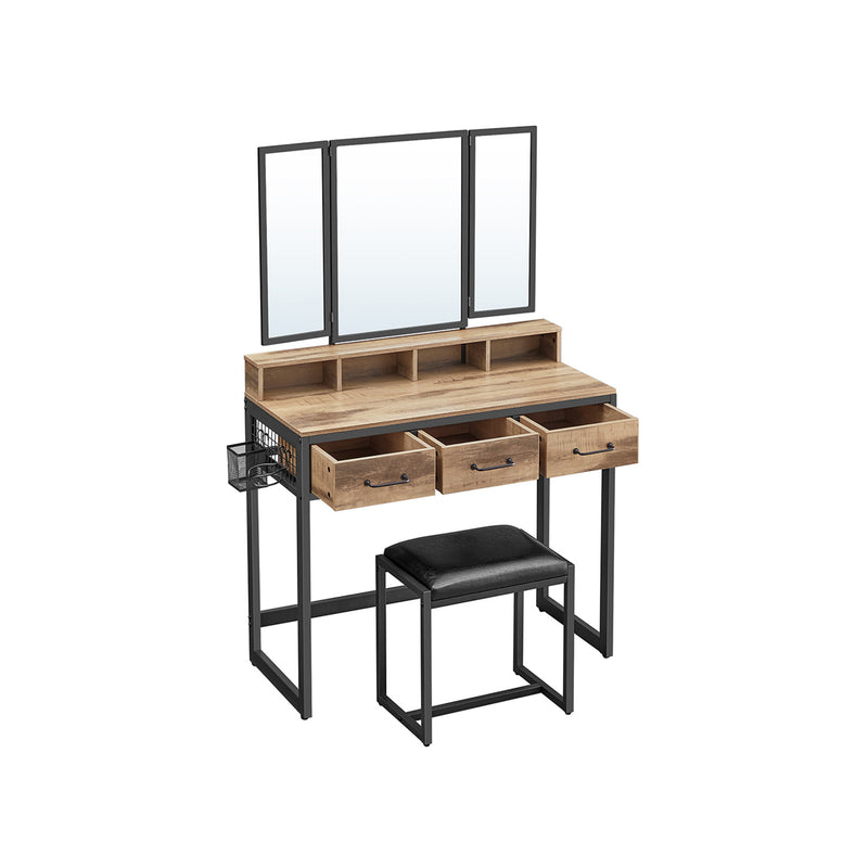 Make -Up Table - Dressing Table - Cosmetic Table - 3 skuffer - med spejl og afføring - Brun sort