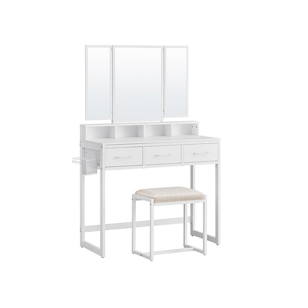 Make -Up Table - toalettbord - kosmetiskt bord - 3 lådor - med spegel och avföring - vit