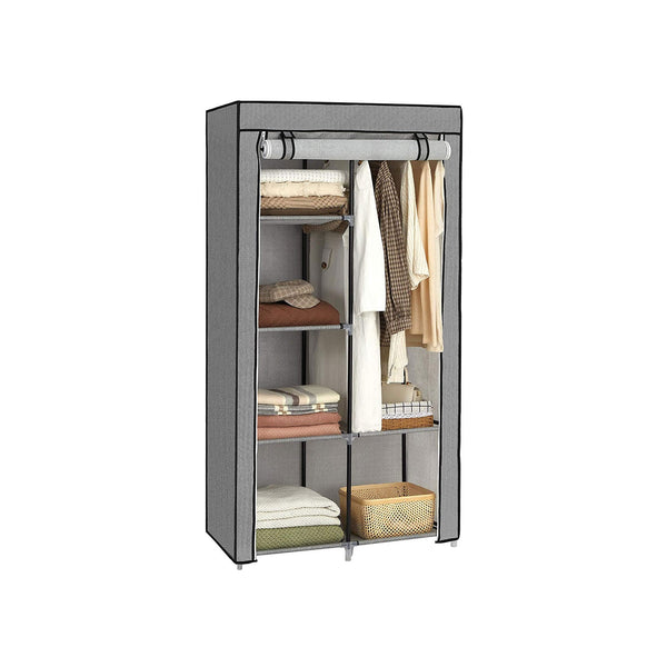 Armoire - boîtier en tissu - 2 tiges de vêtements - 6 planches - 88 x 45 x 168 cm - gris