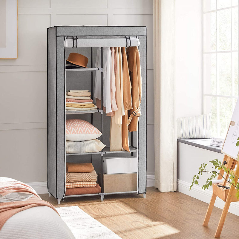 Armoire - boîtier en tissu - 2 tiges de vêtements - 6 planches - 88 x 45 x 168 cm - gris