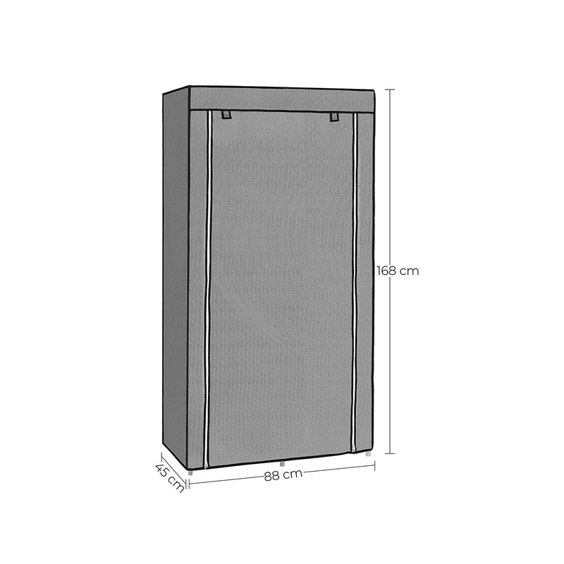 Garderob - tygfodral - 2 klädstänger - 6 brädor - 88 x 45 x 168 cm - grå