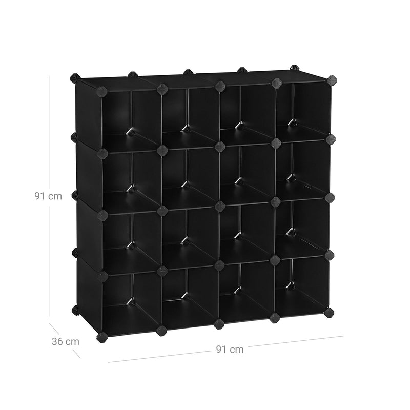 Shoe Rack - Plast - Rectangular - Shelf System - Med 15 fack - Kubskåp - Garderob - Svart