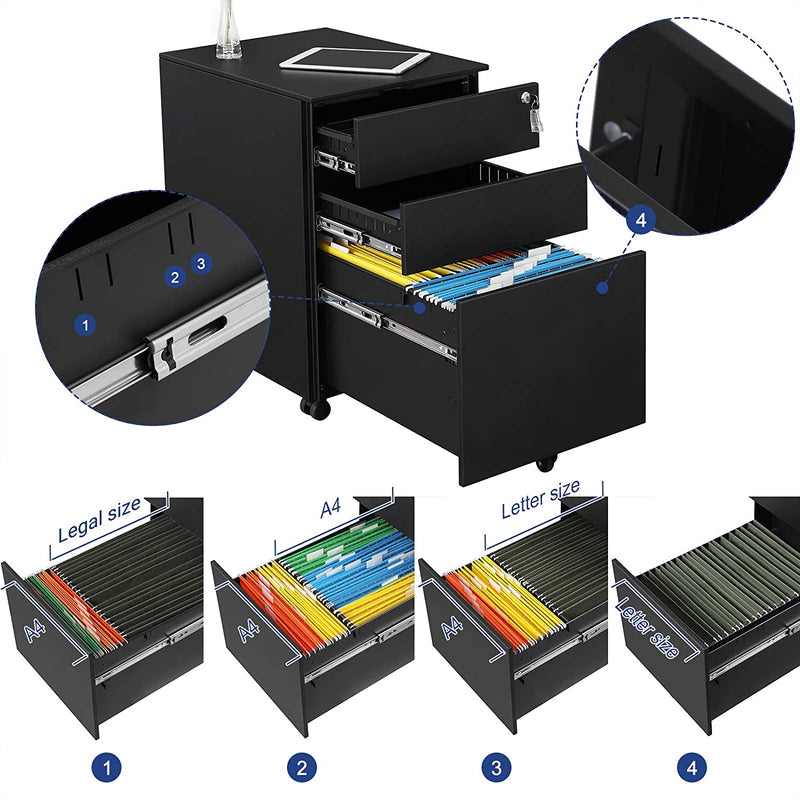 Ladeblok - Mobiele container - Ladekast - 3 lades - kantoorkast - Met Slot - Zwart