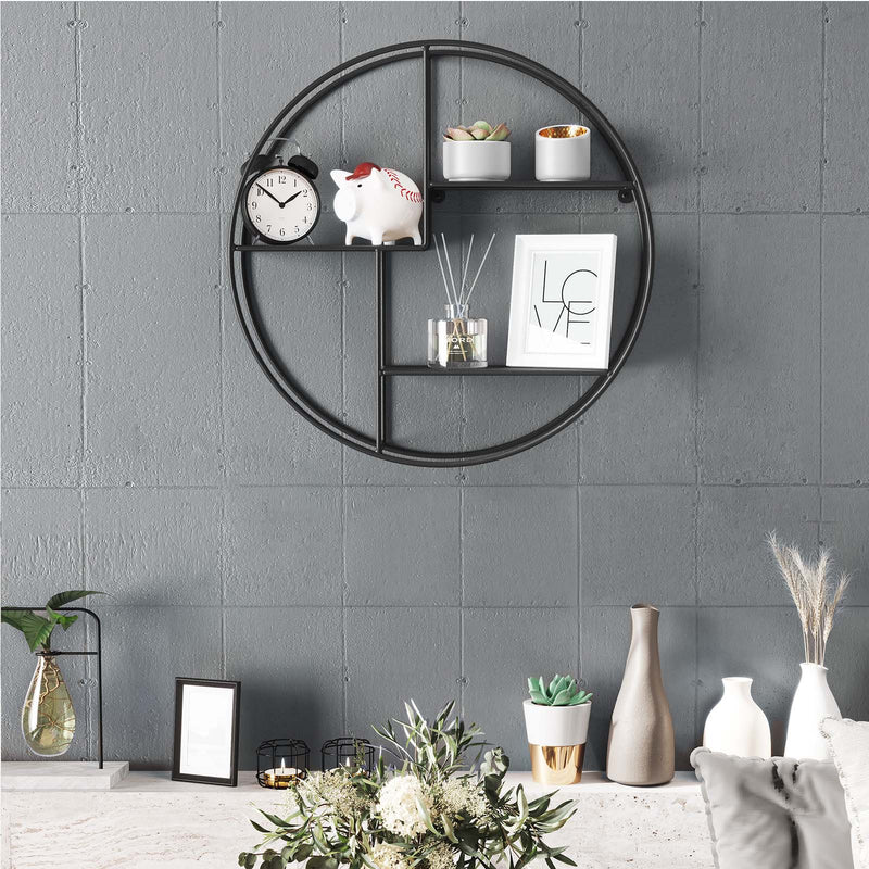 Industrial Metal Wall Rack - Round With 3 Metal Hyllar - Svart