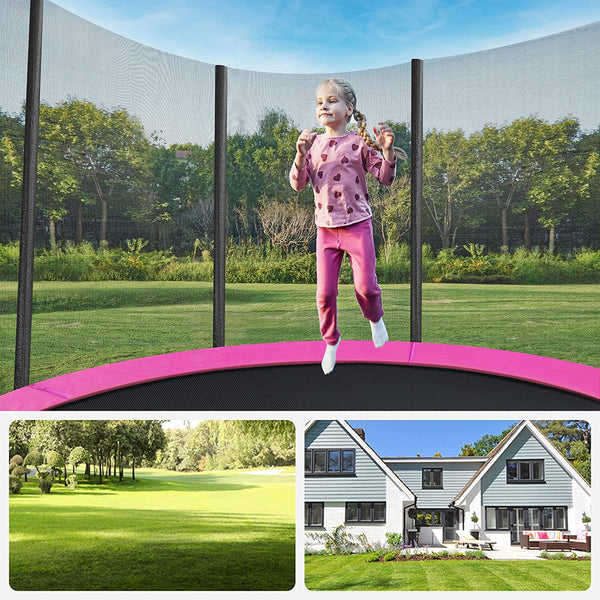 Trampolin Ø 305 cm - Round Garden Trampoline - Med sikkerhedsnet - Stige og polstrede pinde - Sikkerhedsdækning - Pink