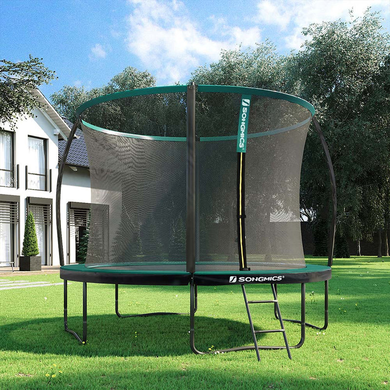 Trampoline 305 cm - Trampoline de jardin rond - avec filet de sécurité et échelle - vert foncé