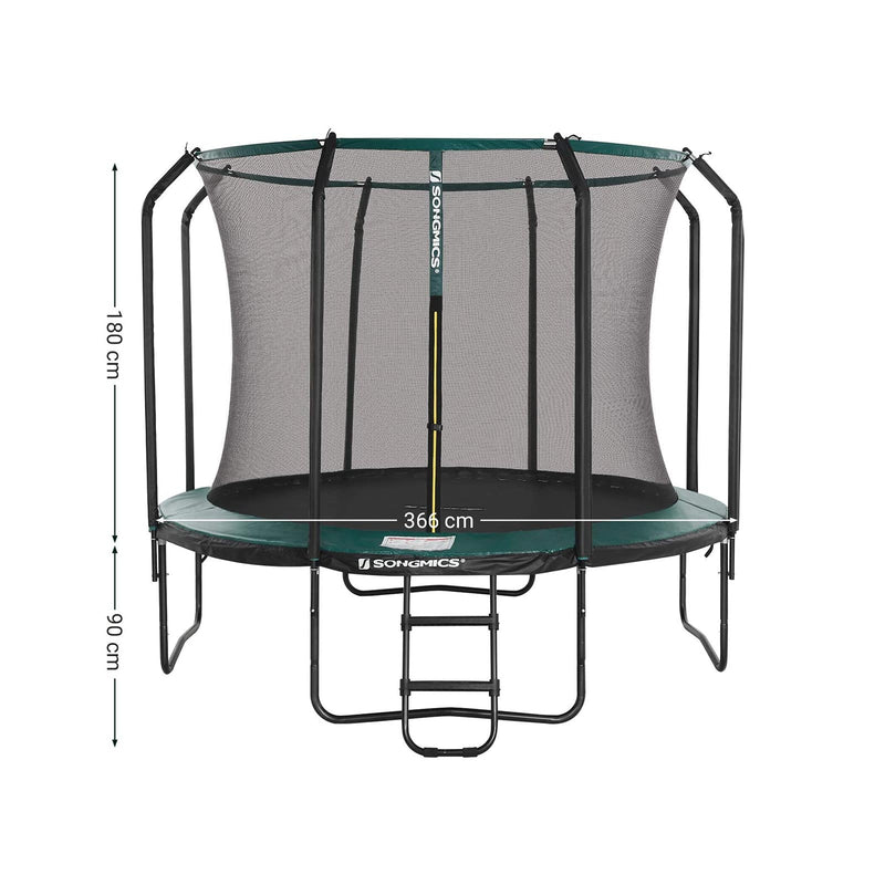 Trampoline 305 cm - Trampoline de jardin rond - avec filet de sécurité et échelle - vert foncé