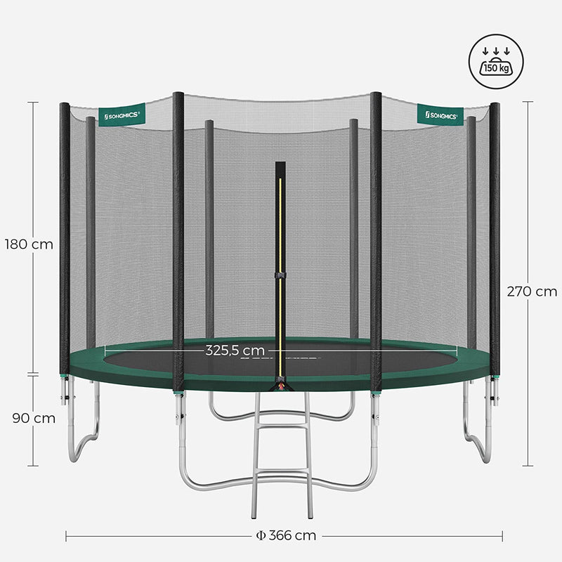 Trampoline Ø 305 cm - Round Garden Trampoline - Med sikkerhedsnet - med stige - grøn