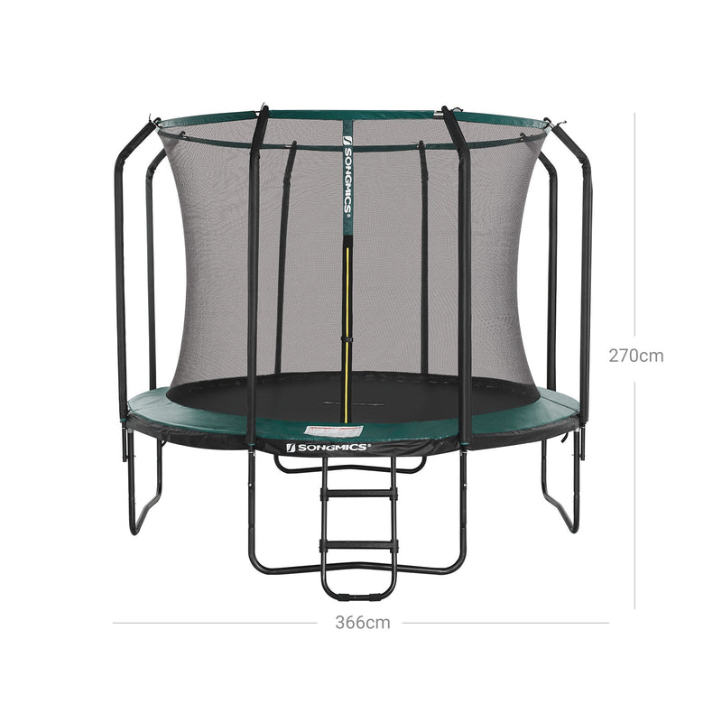 Stor trampolin - Ø 366 cm - med inre nätverk - med säkerhetsnät och stege - grönt