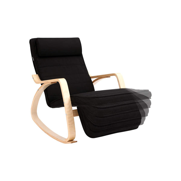 Schommelstoel - Relaxstoel - Met berkenhouten armleuningen -  Verstelbare voetsteun - Zwart