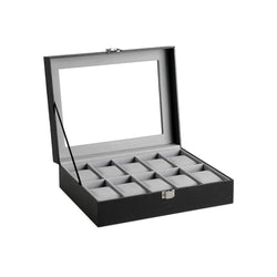 Watchbox - Watchpist - cu 10 compartimente - cu capac de sticlă - negru, gri