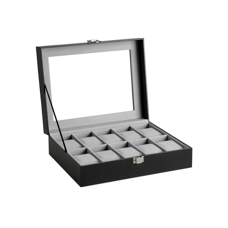 Watchbox - Watchpist - avec 10 compartiments - avec couvercle en verre - noir, gris