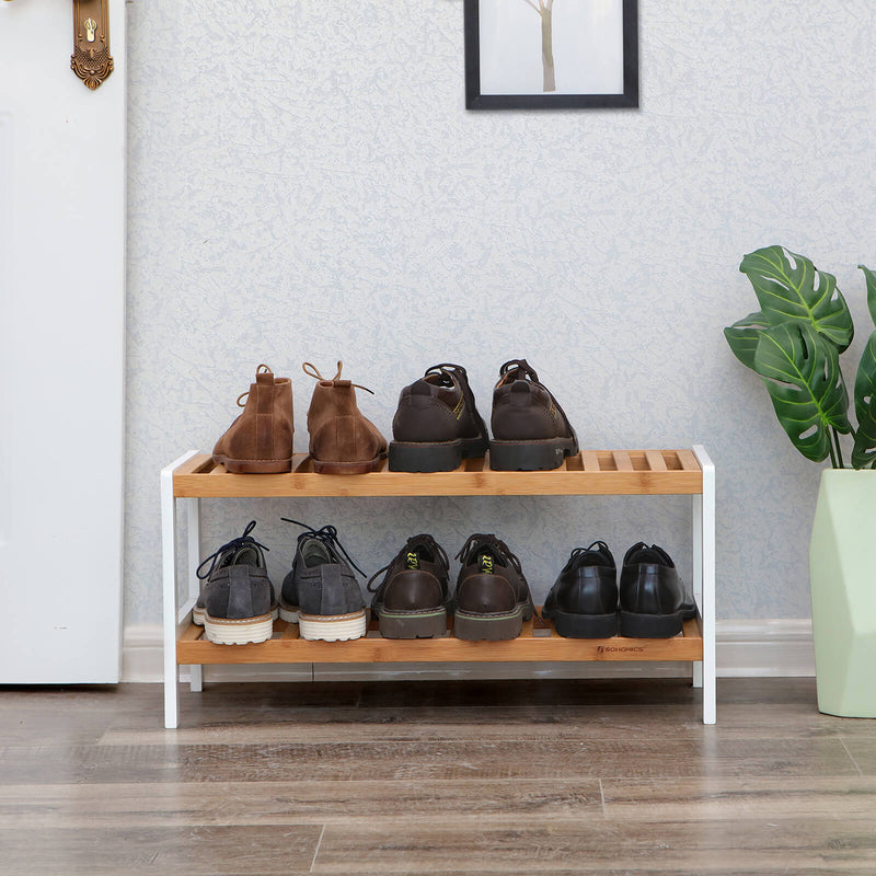 Bamboo - Rack à chaussures - 2 niveaux - étagère de salle de bain - armoire à chaussures - Rack à chaussures en bambou - pour 8 paires de chaussures - blanc-naturel