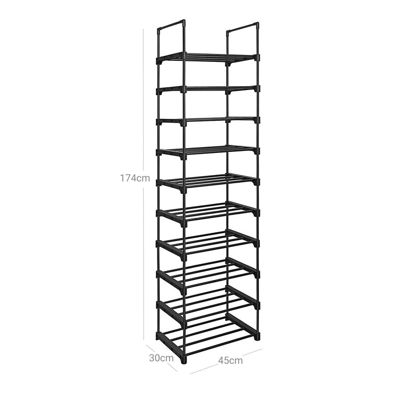 Sko rack - med 10 hylder - metalstål - 45x30x174cm - sort