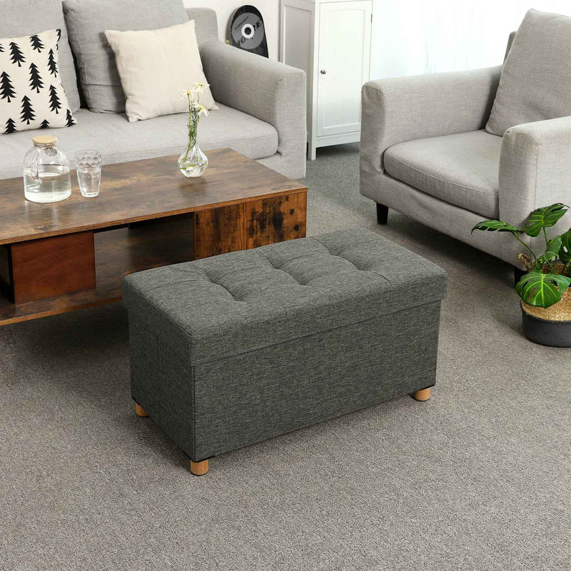 Seat Box - Pouf - Fotstol - med förvaringsutrymme och lock - med trälett - 76 x 38 x 40 cm - mörkgrå