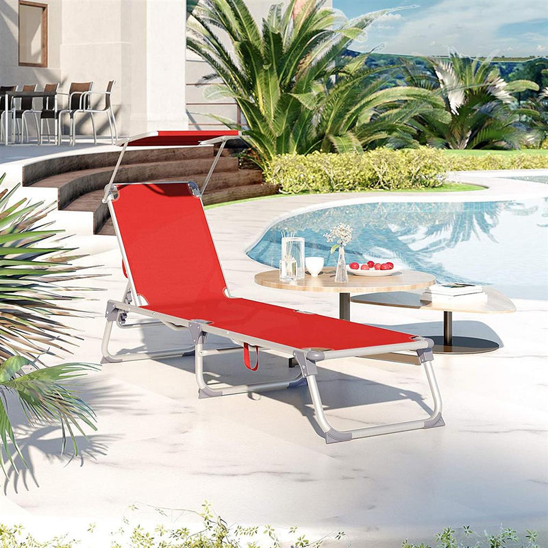 Solrig stol - med tag - Lounger - Garden War Seat - Aluminium - Justerbar ryglæn - Foldning - Rød