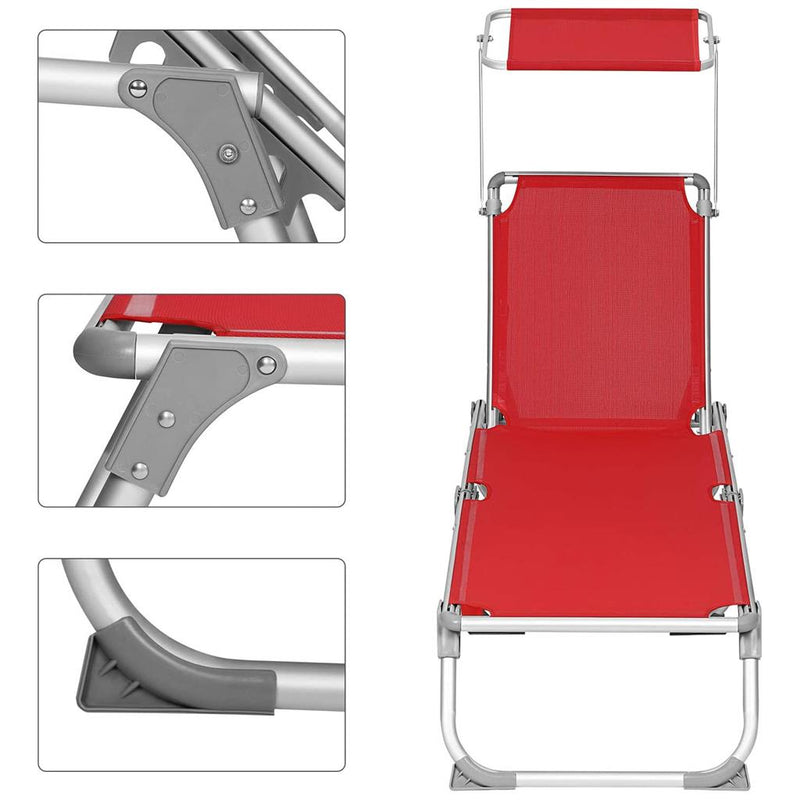 Solrig stol - med tag - Lounger - Garden War Seat - Aluminium - Justerbar ryglæn - Foldning - Rød