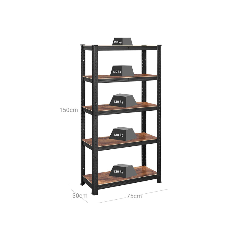 Cabinet - Rack de depozitare - 5 rafturi - 150 x 75 x 30 cm - până la 400 kg Capacitate de încărcare - rafturi reglabile - Stil industrial - Negru