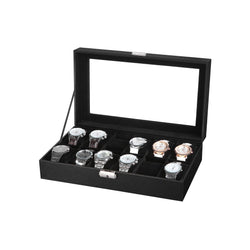 Watchbox - pentru 12 ceasuri - Cutie de ceasuri - Watchcase - Capac de sticlă - Negru