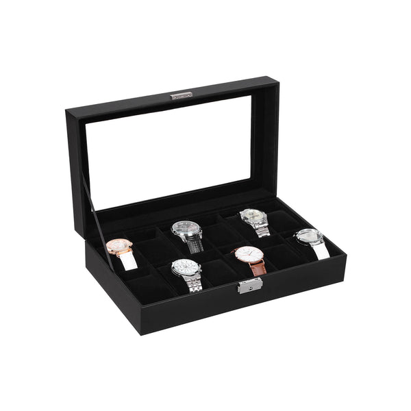 Watchbox - pour 12 montres - Boîte de montre - WatchCase - Couvercle en verre - noir