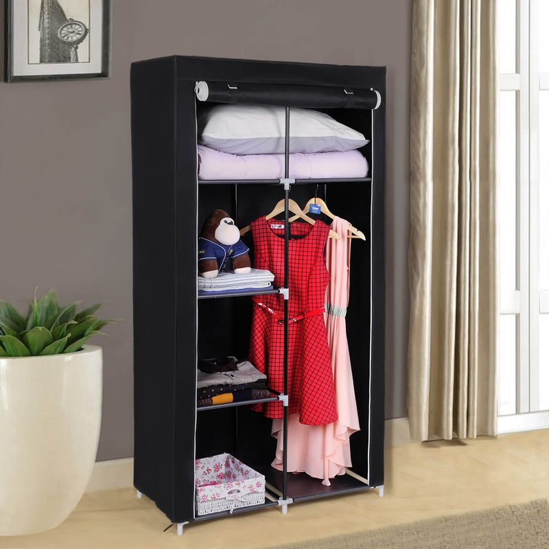 Stoffenkast -  garderobe - kledingrails -  6 legplanken - Kleding rek - Kledingkast - Zwart