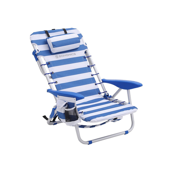 Strandstoel - Aluminium frame - Opvouwbaar - Verstelbaar - Met blauwe en witte kussens