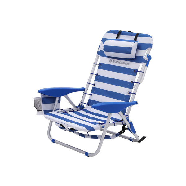 Strandstoel - Aluminium frame - Opvouwbaar - Verstelbaar - Met blauwe en witte kussens