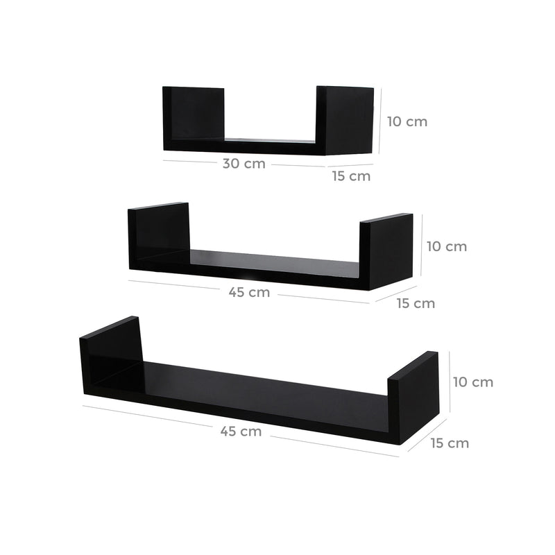 Vägghylla - uppsättning av 3 - hängande hylla - 30/45/60 cm - högglans - skattepliktig upp till 15 kg - svart