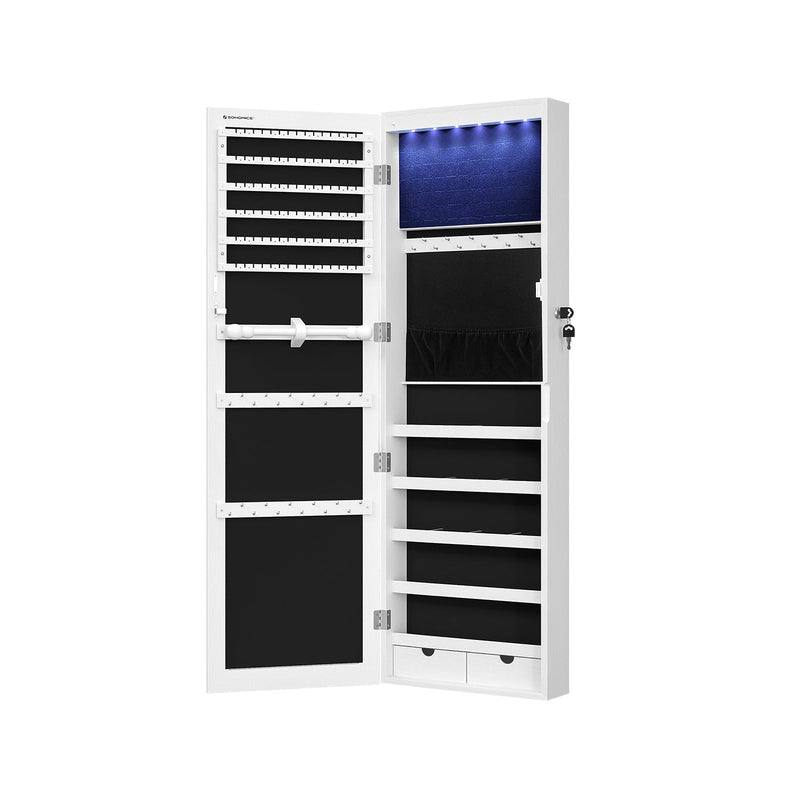 Armoire de bijoux suspendue avec éclairage LED - Rack de bijoux - montage de porte - réglable en hauteur - verrouillable - blanc