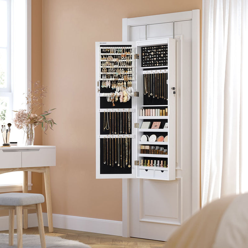 Armoire de bijoux suspendue avec éclairage LED - Rack de bijoux - montage de porte - réglable en hauteur - verrouillable - blanc