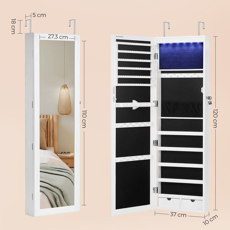 Armoire de bijoux suspendue avec éclairage LED - Rack de bijoux - montage de porte - réglable en hauteur - verrouillable - blanc