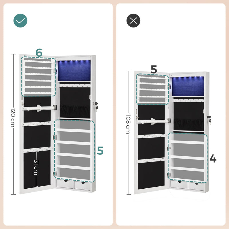 Ripustavat korukaappi LED -valaistuksella - koruteline - oven kiinnitys - korkeus säädettävä - lukittava - valkoinen