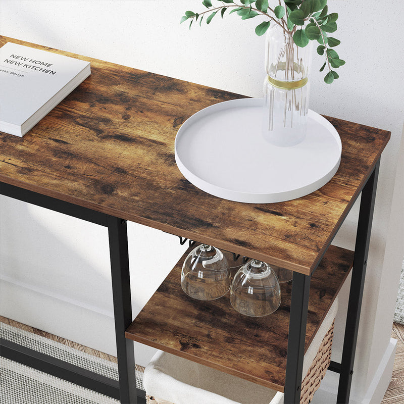 Table de bar avec supports pour verres à vin et bouteilles - table de cuisine - marron / noir