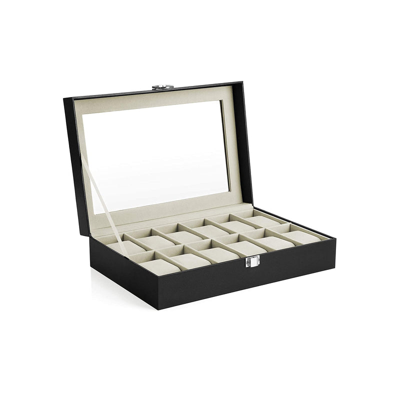 Watch Box - Watchbox - Watchlet - Med 12 rum - med glaslåg - sort