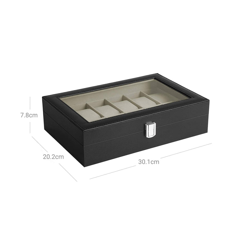 Watch Box - Watchbox - Watchlet - Med 12 rum - med glaslåg - sort