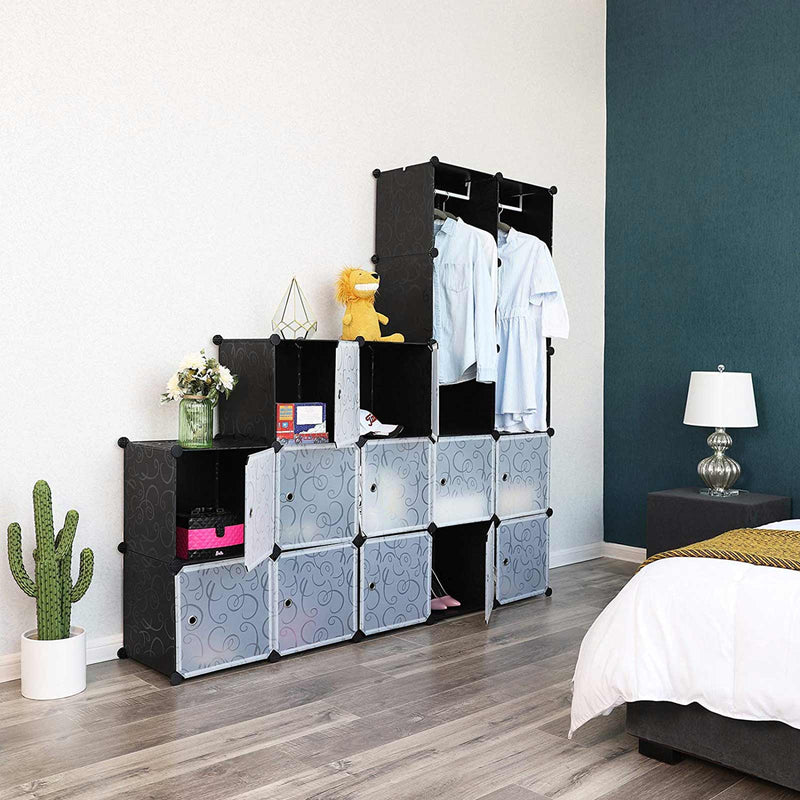 Armoire - avec 2 tiges de vêtements - combi-carket modulaire - Système d'insertion de sauvetage de l'espace - 143 x 36 x 178 cm - noir